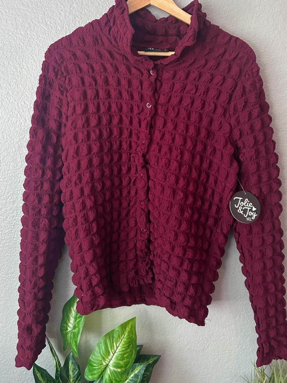 Jolie & Joy Wine Textured Button-Front Blouse
